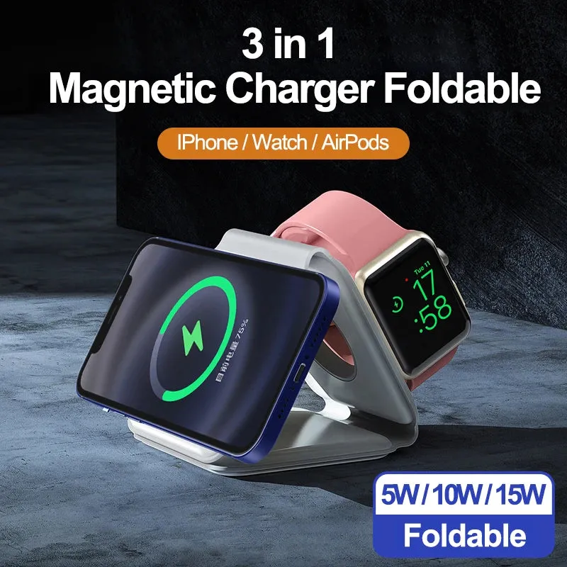 15W Magnetic Wireless Charger for Iphone 13 12 11 XR 8 Apple Airpods Pro iWatch Portable Foldable Fast Charging Dock 3 in 1