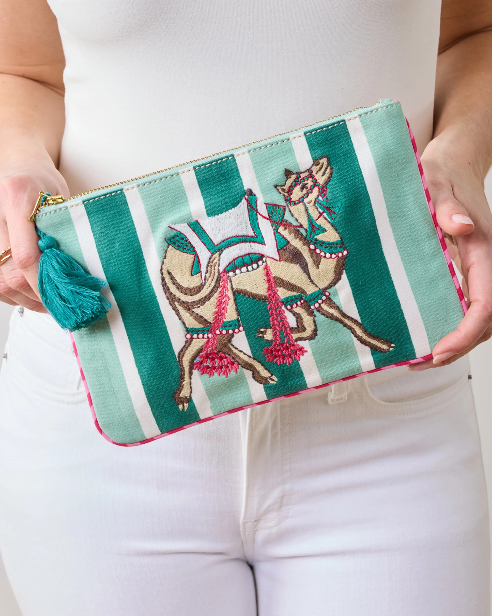 Camel's Courtyard - Embroidered Pouch - Avocado