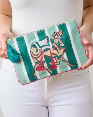 Camel's Courtyard - Embroidered Pouch - Avocado