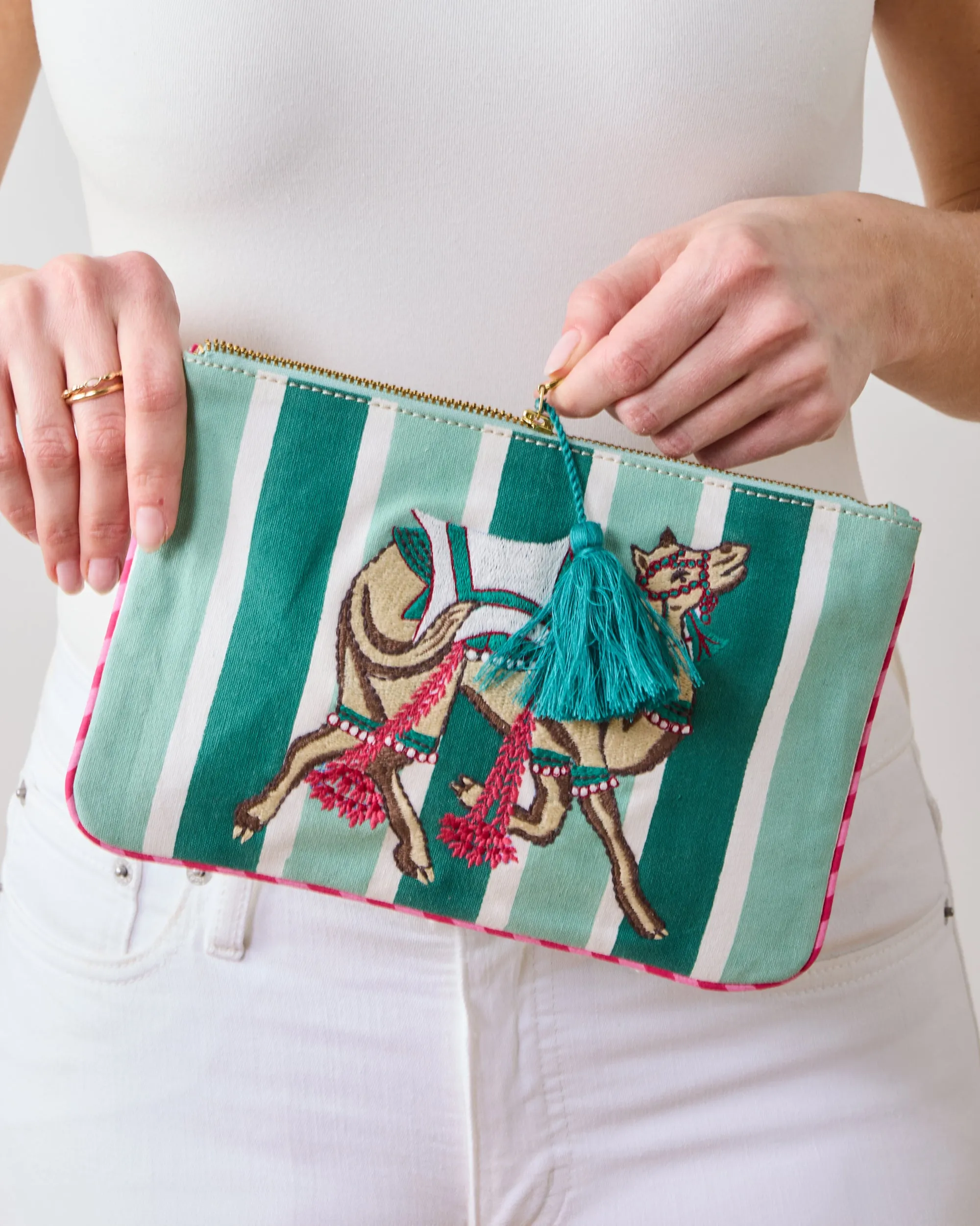 Camel's Courtyard - Embroidered Pouch - Avocado