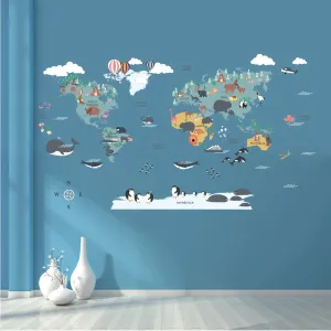 cartoon animals world map wall sticker for kids room self adhesive cute animal map wall decal school