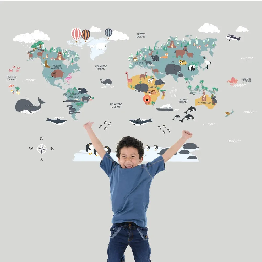 cartoon animals world map wall sticker for kids room self adhesive cute animal map wall decal school