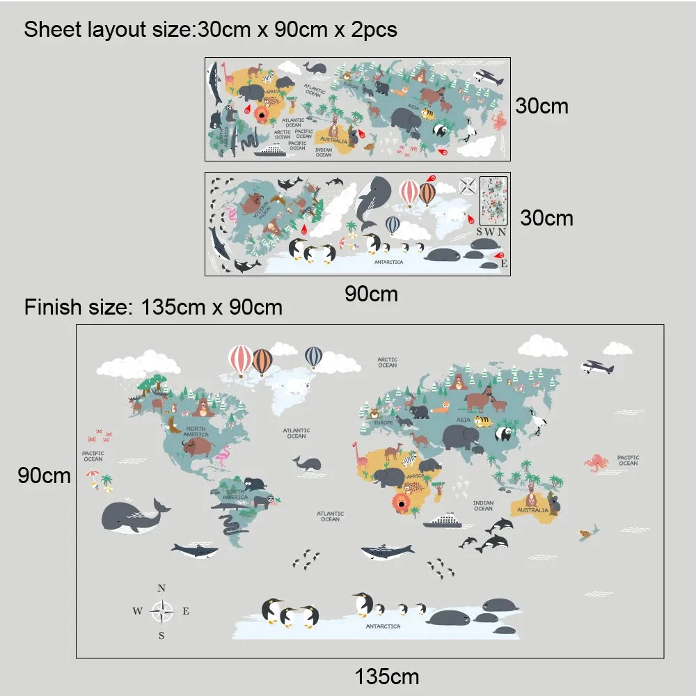 cartoon animals world map wall sticker for kids room self adhesive cute animal map wall decal school