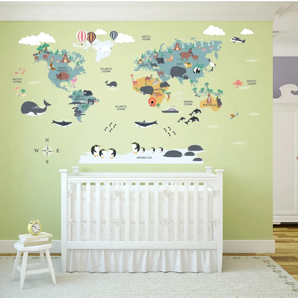 cartoon animals world map wall sticker for kids room self adhesive cute animal map wall decal school