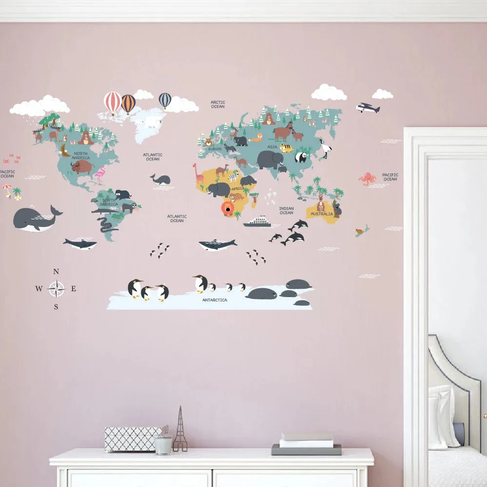 cartoon animals world map wall sticker for kids room self adhesive cute animal map wall decal school