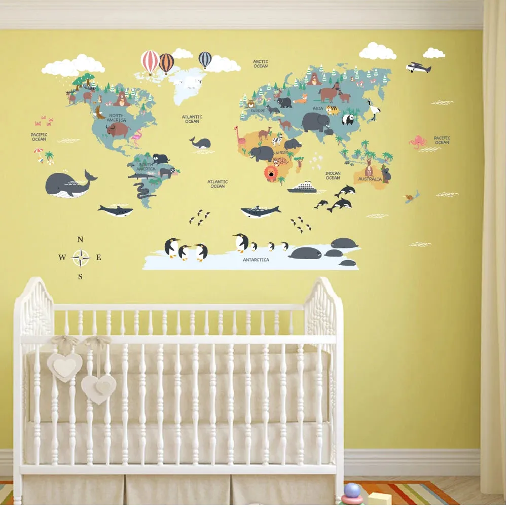 cartoon animals world map wall sticker for kids room self adhesive cute animal map wall decal school