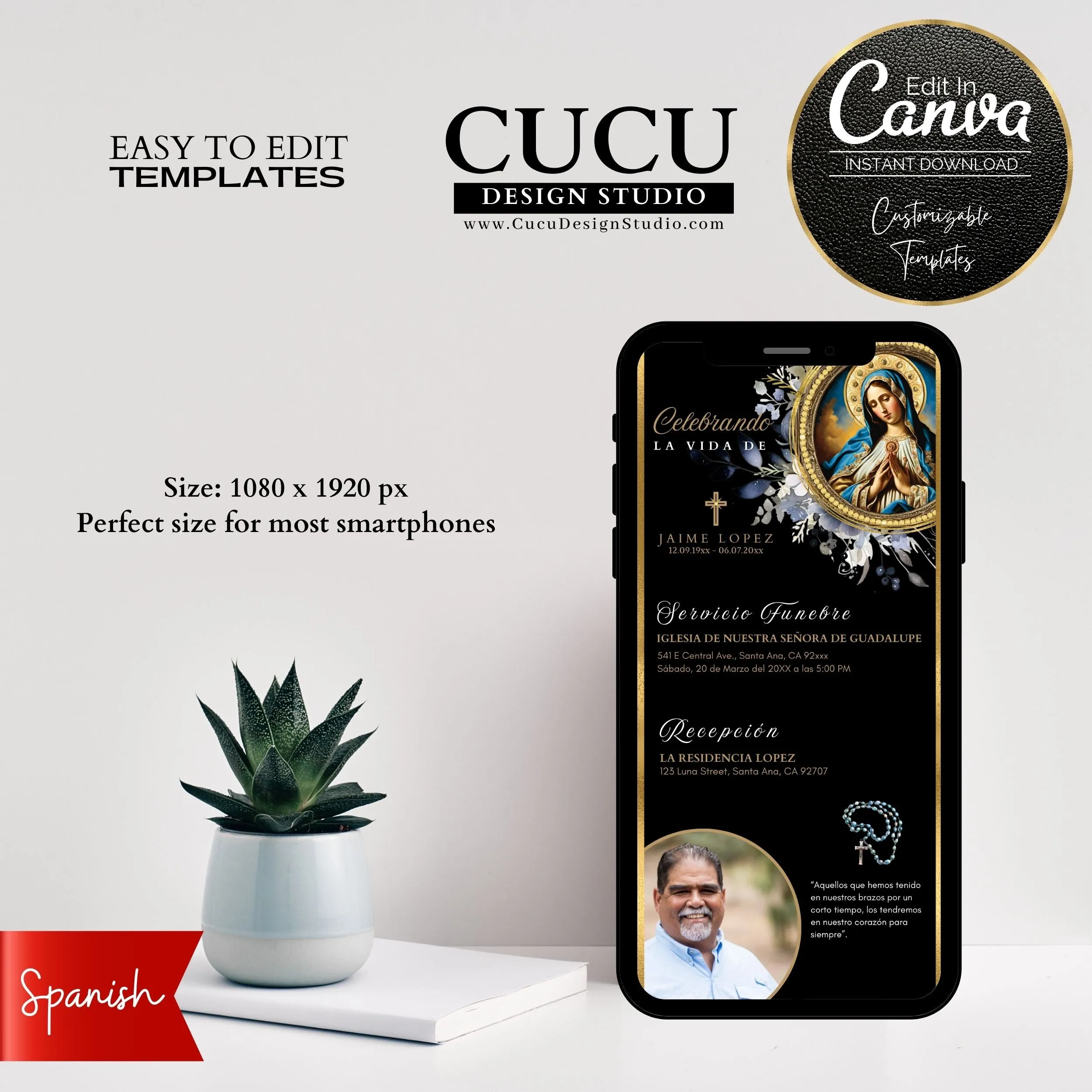 Spanish Digital Catholic Virgin Mary Funeral Invitation Template