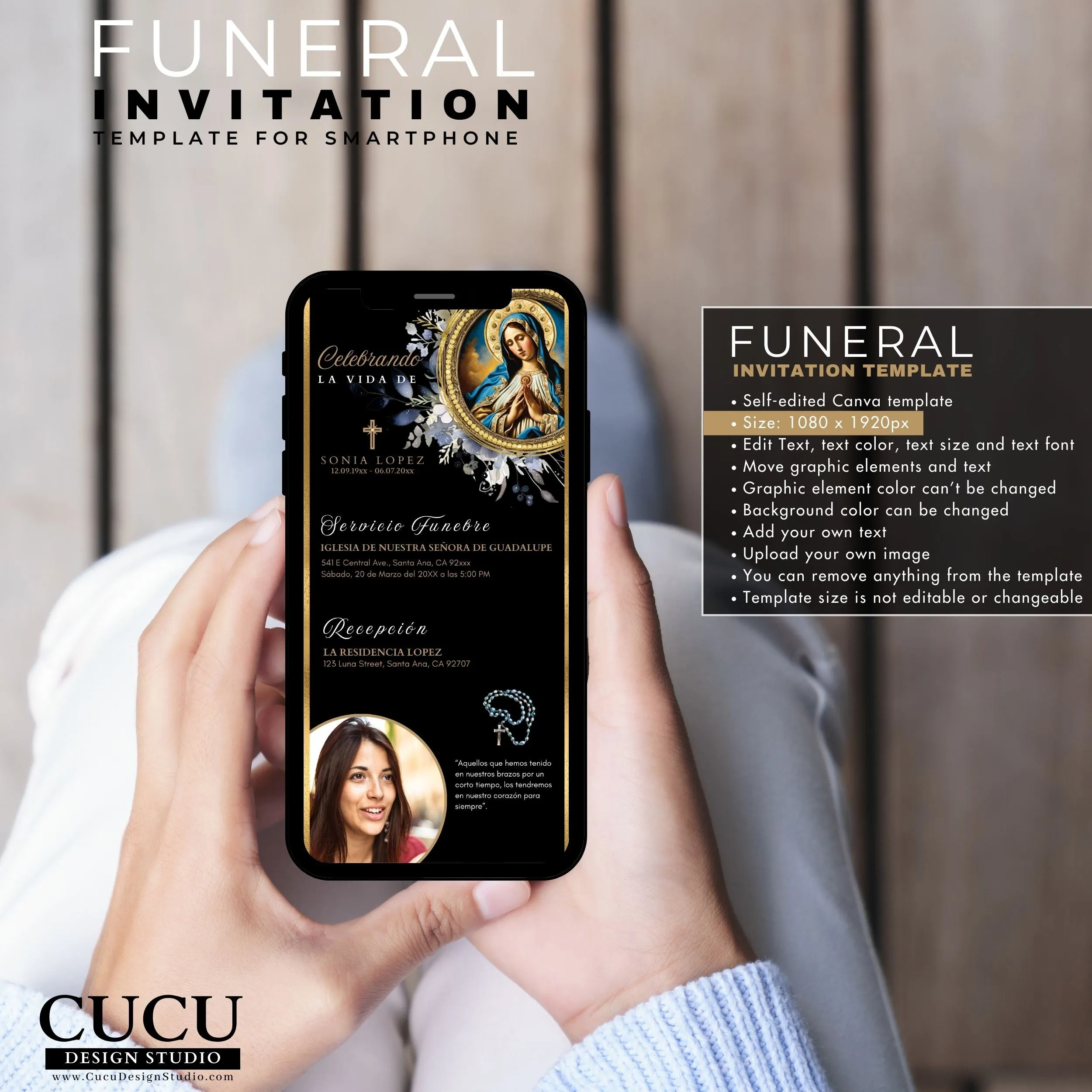 Spanish Digital Catholic Virgin Mary Funeral Invitation Template