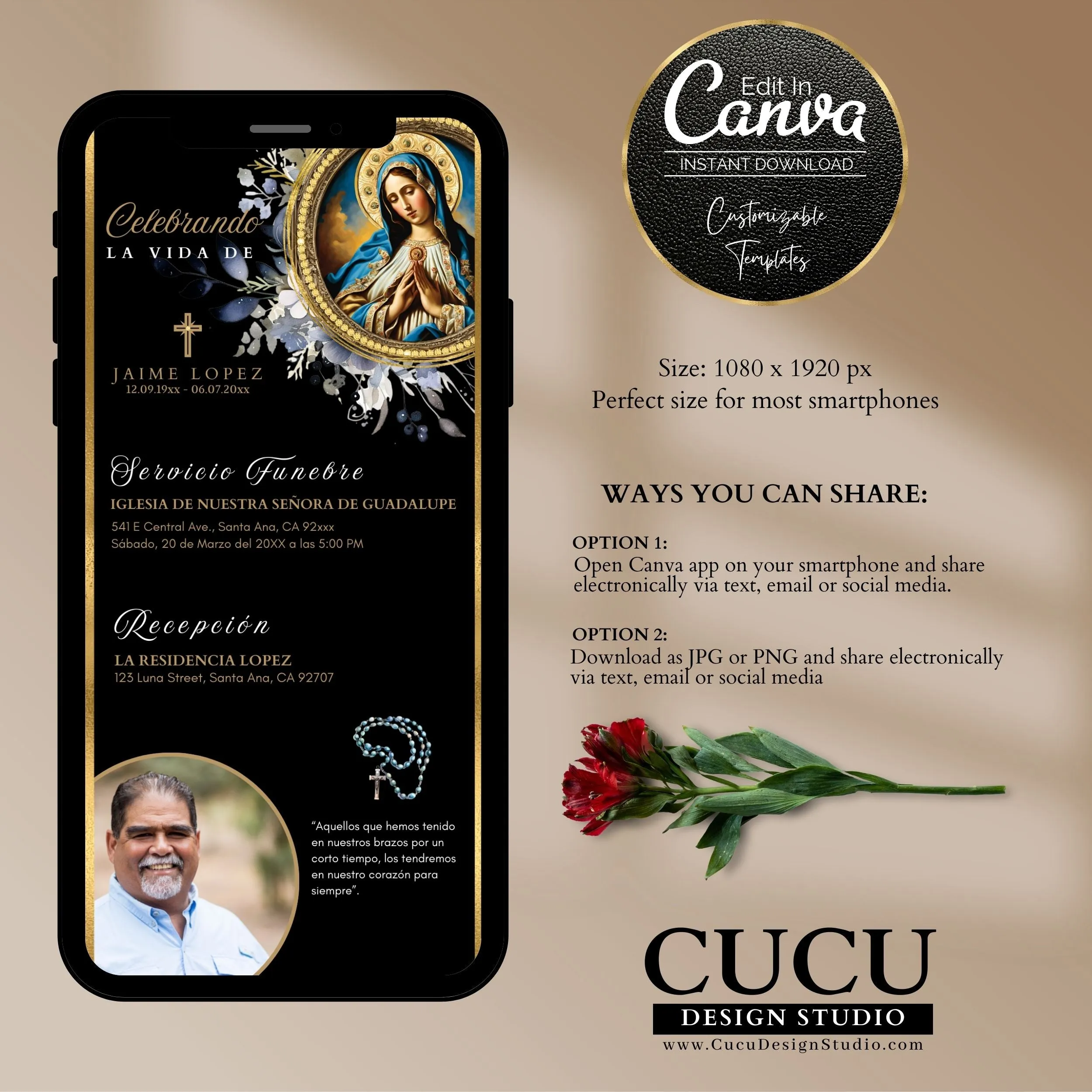 Spanish Digital Catholic Virgin Mary Funeral Invitation Template