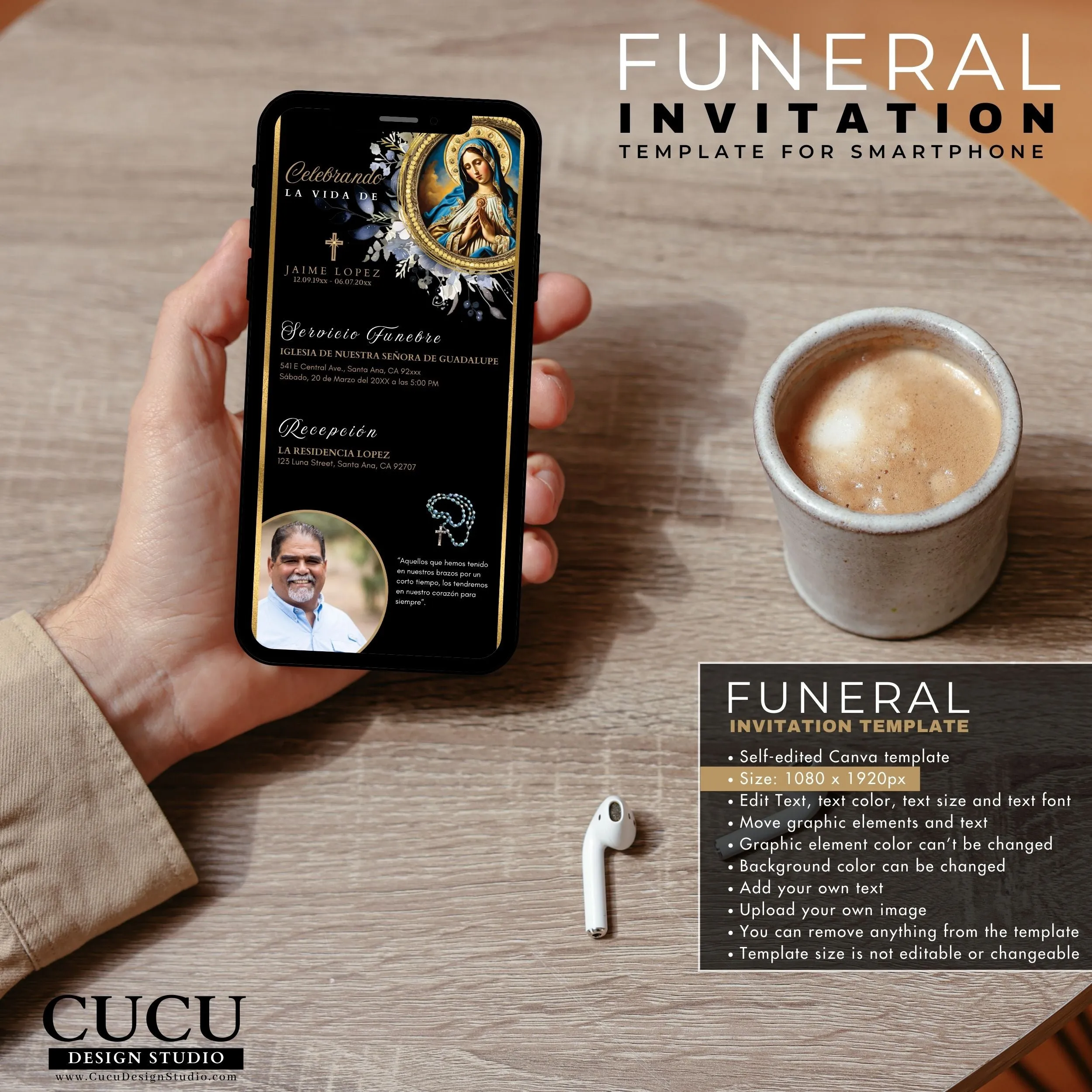 Spanish Digital Catholic Virgin Mary Funeral Invitation Template