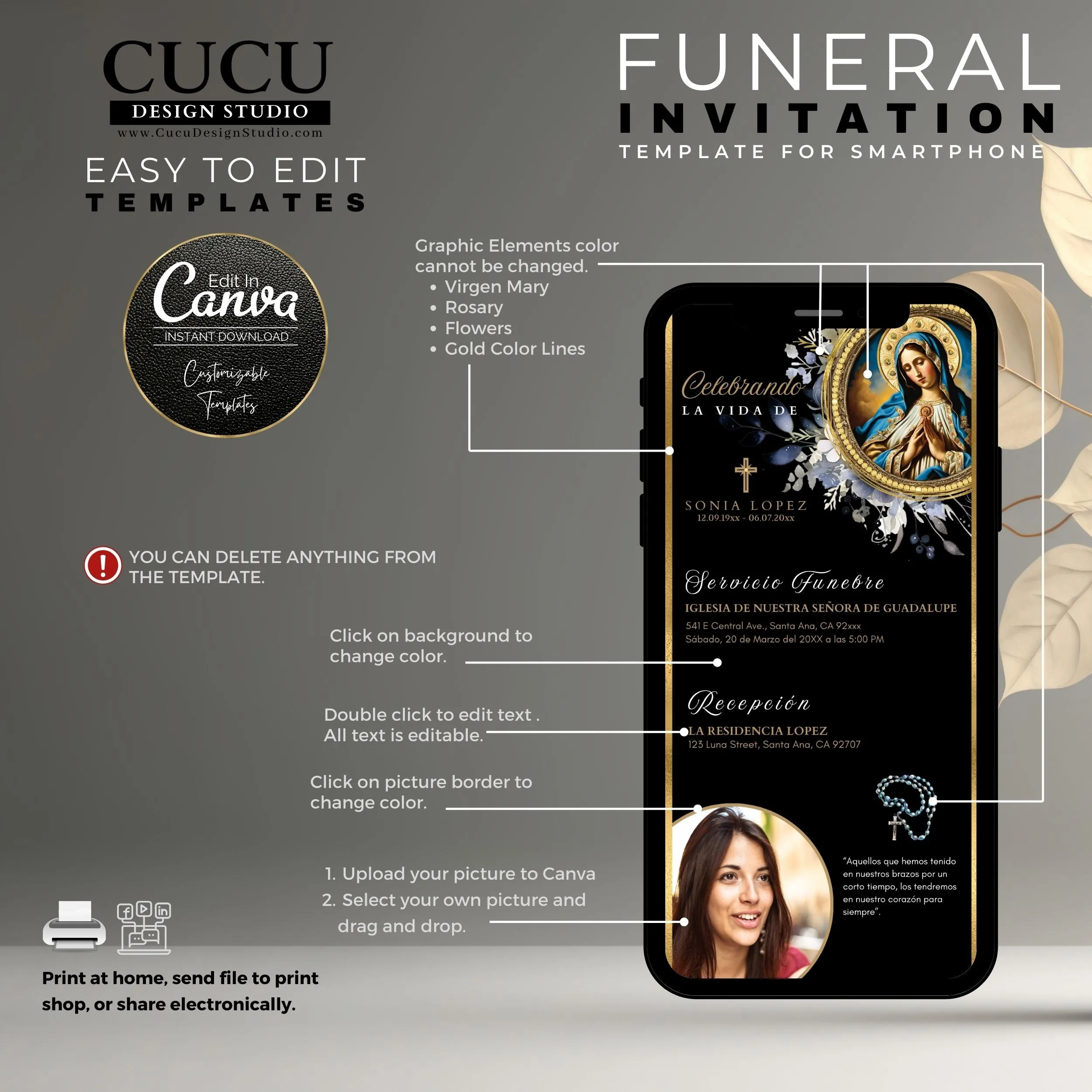 Spanish Digital Catholic Virgin Mary Funeral Invitation Template