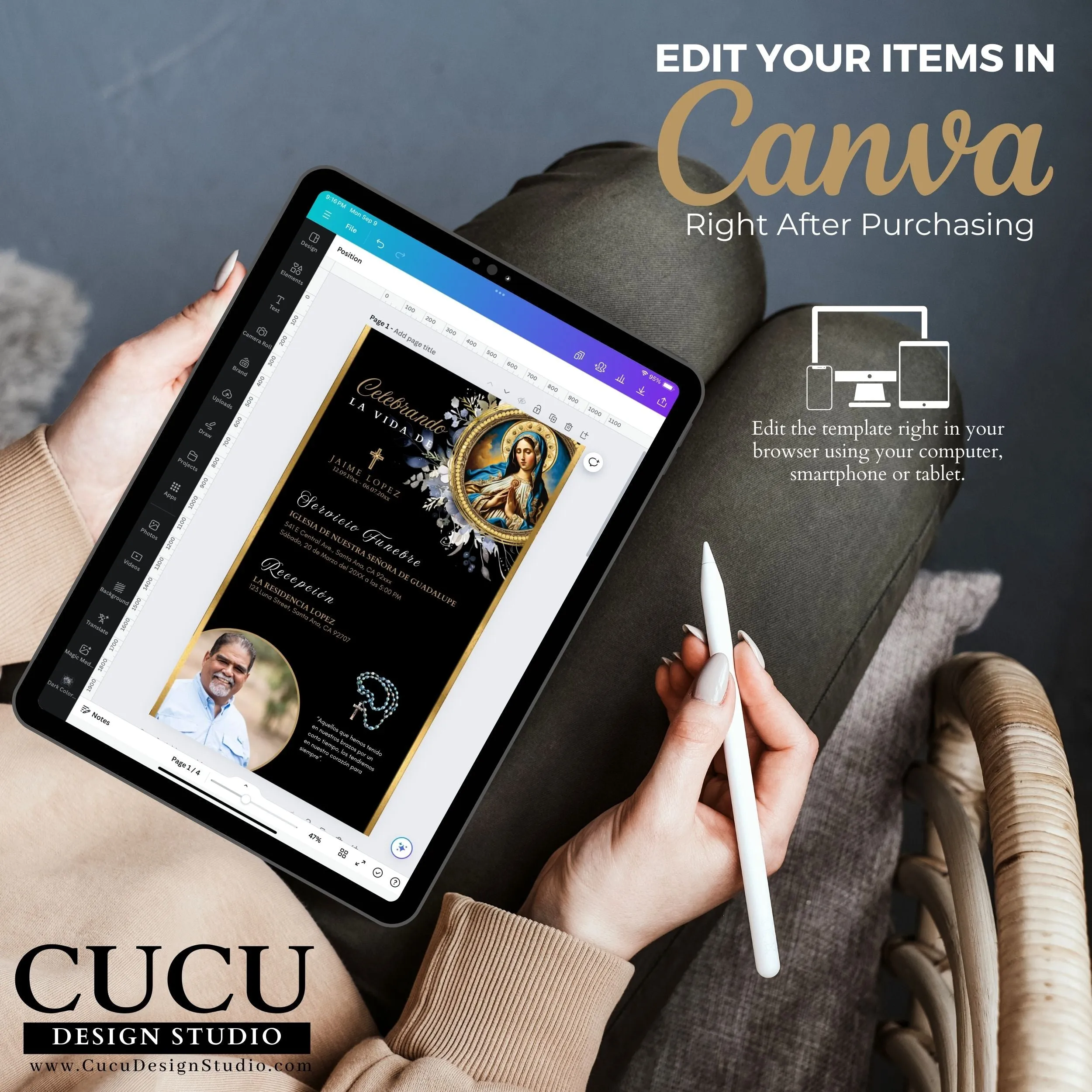 Spanish Digital Catholic Virgin Mary Funeral Invitation Template